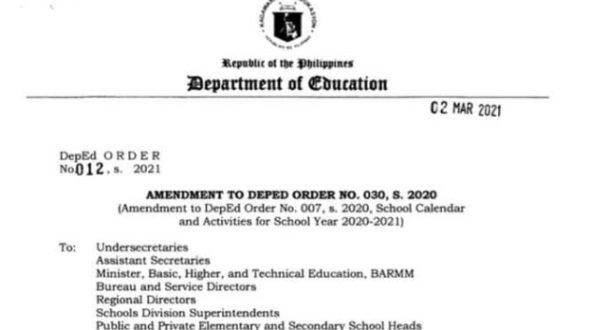 Amendment to DepEd School Calendar for School Year 2020-2021
